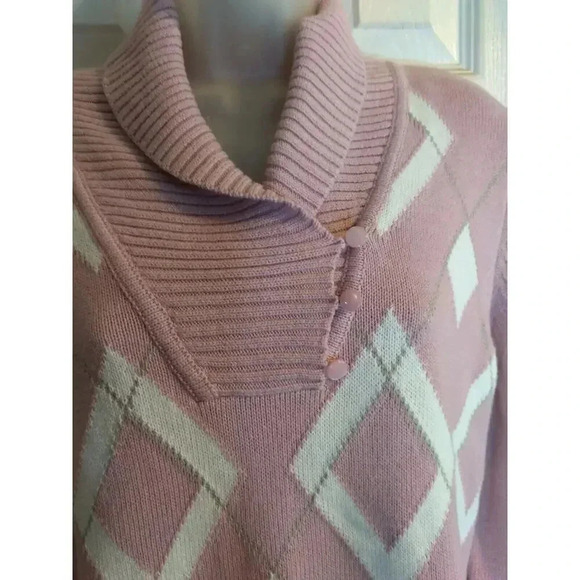 Liz Claiborne Sweater Pink White Shawl Collar Sz L Classic Preppy Sporty - Picture 2 of 10